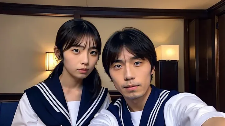 Kikuchi takes a selfie of herself and a Japanese man with long bangs, A luxury hotel room, Dark Room, Room lighting, Wearing a sailor uniform