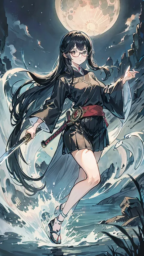 Black Hair　Straight Hair　Long Hair　Glasses　Japanese sword　moon　night　lake　One girl　uniform