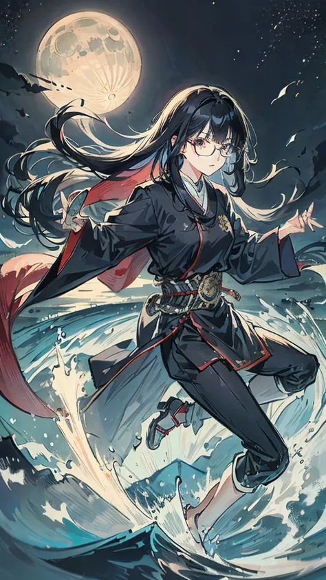 Black Hair　Straight Hair　Long Hair　Glasses　Japanese sword　moon　night　lake　One girl　uniform