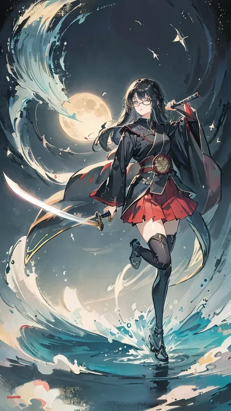 Black Hair　Straight Hair　Long Hair　Glasses　Japanese sword　moon　night　lake　One girl　uniform