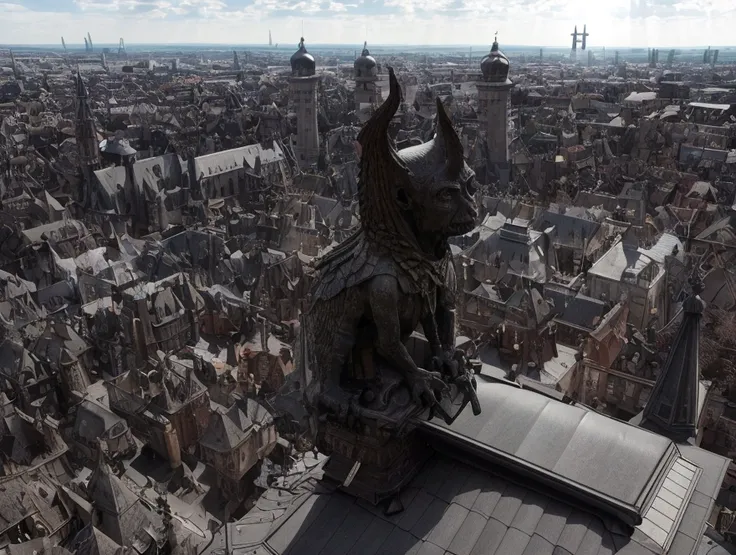 a view of fantasy medieval city, taken from the top of church of , at night, the shot taken while standing behind the statue of a ((gargoyle on the roof: 1.5)), 16K, ultra detailed, masterpiece, best quality, (extremely detailed), arafed, dnd art, god rays...