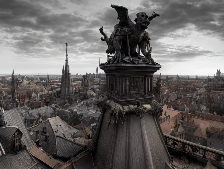 a view of fantasy medieval city, taken from the top of church of , at night, the shot taken while standing behind the statue of a ((gargoyle on the roof: 1.5)), 16K, ultra detailed, masterpiece, best quality, (extremely detailed), arafed, dnd art, god rays...