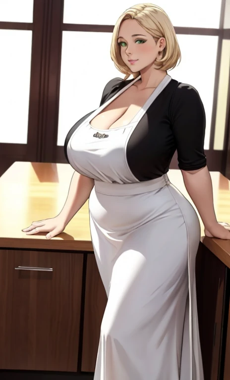 standing, solo, 1girl, mature female, short girl, blonde hair, long dress, long skirt, white apron, green eyes, fat girl, fat body, beautiful face, cute face, sideboob, large breasts, thigh legs, areola slip, cleavage, leaning forward, huge breasts, curvy,...