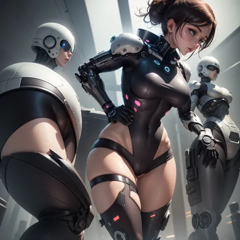 Woman body defined thick thighs cybernetic body parts, short underwear