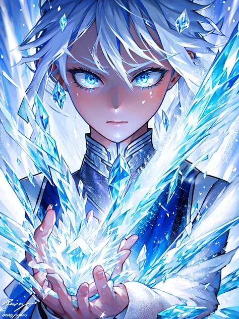 One beautiful woman、Gray Hair、Blue eyes that shine like jewels、beautiful、long hair、White eyelashes、suit、Super detailed、highest quality、masterpiece、Ice and snow personality、Surrounded by ice、crystal、mysterious