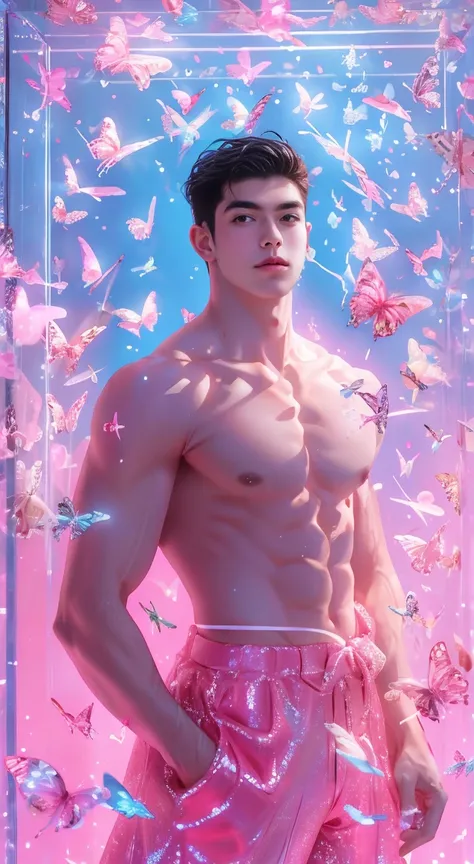 (8K, RAW photos, Highest quality) masterpiece, 1 boy, 18 years old, Asian muscular man Look at the viewer, standing forward, showing his big muscular breasts, puffy nipples, sexy six pack, narrow waist, Handsome, Topless  , Thick body hair, male lower body...