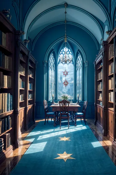 Castle towers, Harry Potter, Ravenclaw, lounges, arched windows, blue silk hanging on the walls, domed ceilings painted with stars, dark blue carpets with stars, tables, chairs, bookshelves on the floor, perfect bimbo masturbating on the floor