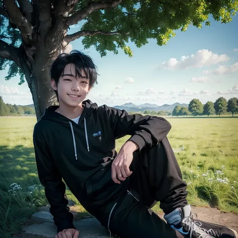 a boy with black hair,smiling, wearing a dark blue hoodie and long white trousers, leaning against an oak tree in a wide sunny m...