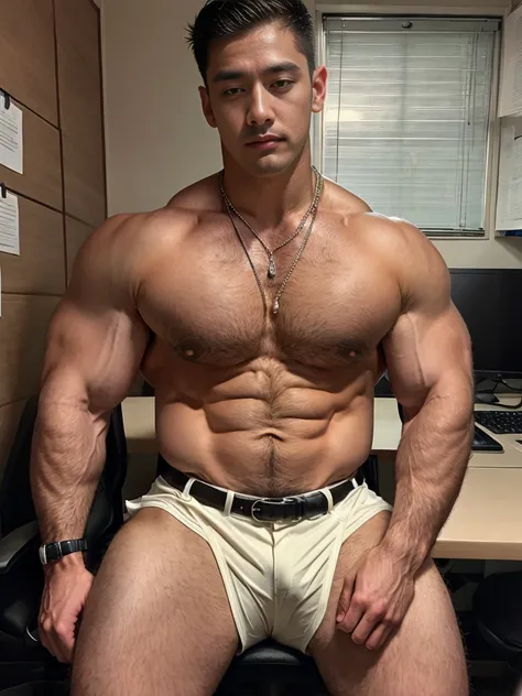 Realistic​ photography​ of a​ korean​​ sexy​ boss​, 29 ages​​​ , wearing​ a​ suit, thin​ necklace​, huge ​ pecs​, ​ fat​ ,​ tan​ skin, at​ office​ old​s,sit cool