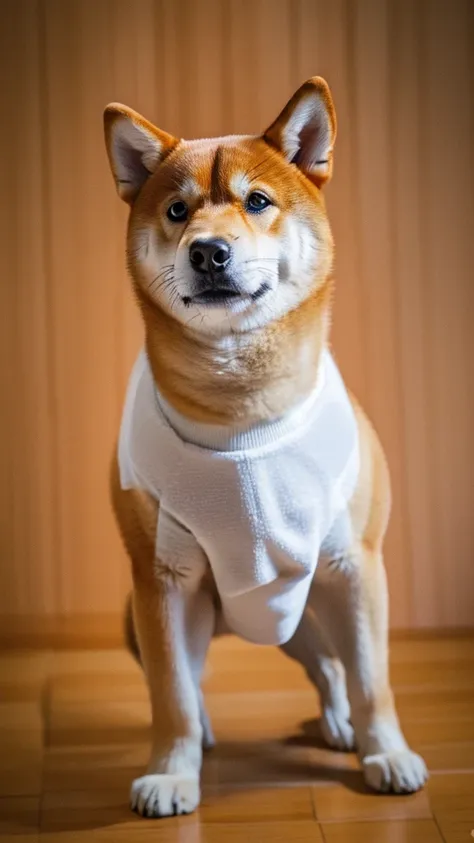 The only character is a Shiba Inu.、The body is fat、Shiba Inu、The posture is like begging.,
Posture is standing、Posture is upright、The camera is taken from a little distance.、The face is facing forward、The body is fat、The body is fat、The Shiba Inu is wearin...