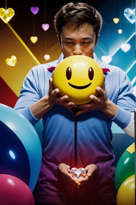 The image shows a brightly coloured PacMan holding a crystal heart in his hand. PacMan looks at the heart with a melancholy look on his face while Elon Musk looks at PacMan hiding in the corner and laughs.