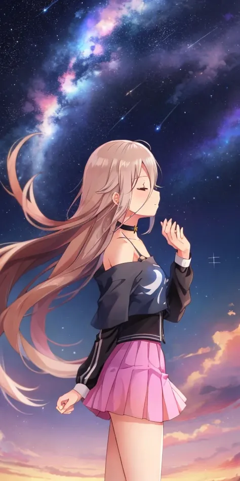 one girl, IA, Aria on the Planetes, off shoulder, black shirt, short skirt, choker, from side, starry sky, look at the sky, pray for stars, close eyes, praying hands, long hair