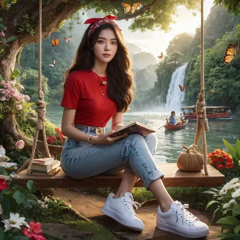 A beautiful Indonesian woman with a clean and gentle face wearing a red t-shirt, white jeans, white sneakers and bandana, posing sitting on a wooden swing under a tree with flowers and butterflies around it, with a natural scenery background, there is a ri...