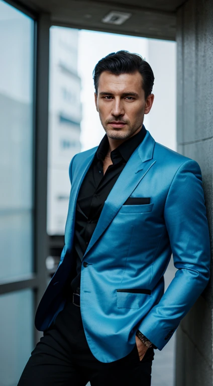 russian man , pastel blue  jacket ,black pant , tuxedo ,low long shot photography, daylight  , realistic, detailed skin texture, vibrant colours, cinematic, Photorealistic:1.4, UHD