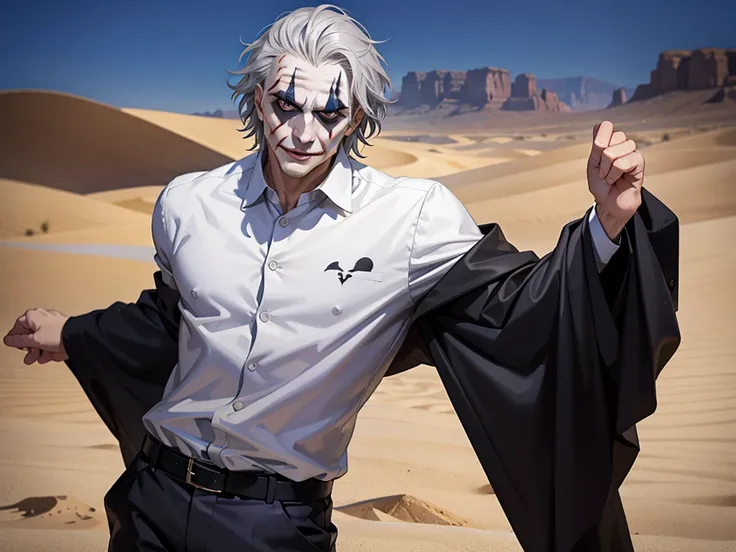 Portrait of a man in his 40s、standing、silver hair、the joker、Long body、 、desert background、