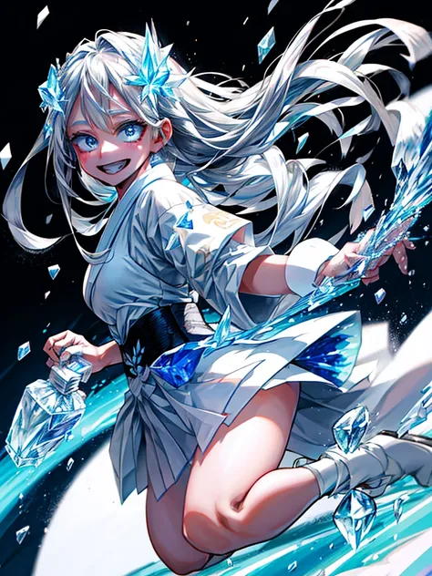 One beautiful girl、cute、White skin、A loving smile、Gray Hair、Blue eyes that shine like jewels、beautiful、long hair、Hakama、highest quality、masterpiece、Ice and snow personality、Surrounded by ice、crystal、