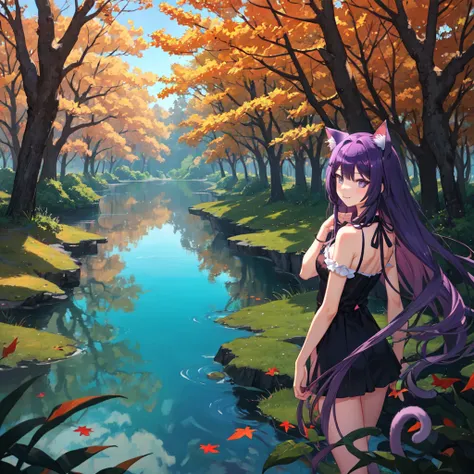 Cheshire Cat, Metal Impact, Long Hair, Medium Hair, Purple Hair, Animal ears, Cat Ear Original, One girl, (alone), scenery, scene, Red tree, forest, lake, autumn,