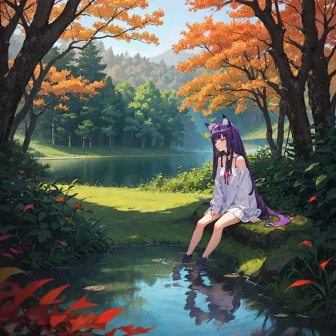 Cheshire Cat, Metal Impact, Long Hair, Medium Hair, Purple Hair, Animal ears, Cat Ear Original, One girl, (alone), scenery, scene, Red tree, forest, lake, autumn,