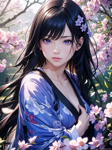 a beautiful woman in a kimono with long japanese black hair,standing in a field of blooming blue asagao  flowers,sparkling amethyst eyes,(best quality,4k,8k,highres,masterpiece:1.2),ultra-detailed,(realistic,photorealistic,photo-realistic:1.37),HDR,UHD,stu...