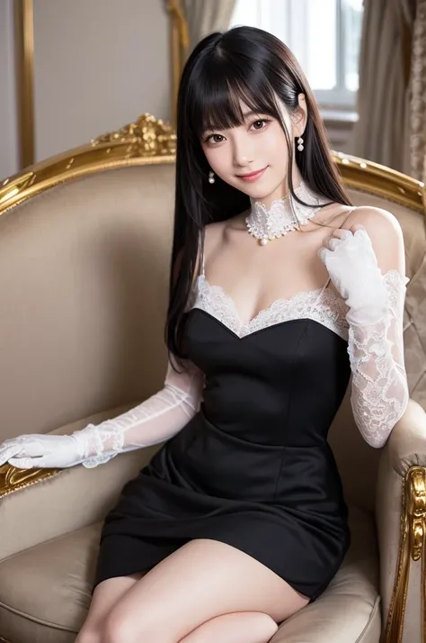 an elegant and refined Japanese ojousama, fair porcelain skin, long straight black hair with perfect bangs, minimal natural makeup, wearing a high-end designer dress with lace details, white gloves, and pearl jewelry, sitting gracefully on a Victorian sofa...