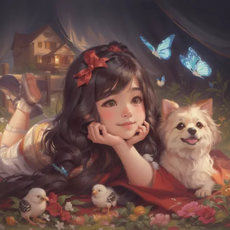 The painting shows a little girl lying on a blanket，There is a dog and a bird beside me, Lovely detailed artwork, author：Yang Borun, Cute numbers, Lovely portrait, Traditional Arts, Lovely detailed digital art, realistic Lovely girl painting, Lovely , Love...