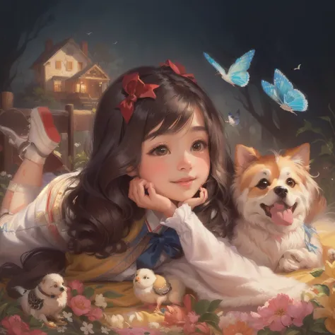 The painting shows a little girl lying on a blanket，There is a dog and a bird beside me, Lovely detailed artwork, author：Yang Borun, Cute numbers, Lovely portrait, Traditional Arts, Lovely detailed digital art, realistic Lovely girl painting, Lovely , Love...