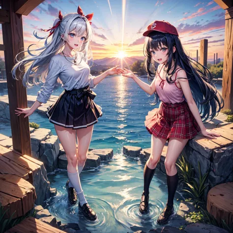 Red Blue Gold Hair、Golden Eyes、Braid、One good looking girl、solo、anime、Checkered mini skirt、Ruffles on the skirt、camisole、cardigan、Black knee-high socks、Wearing a baseball cap、Wearing a ribbon、Ribbon on waist、Tilting face、Teeth are visible、Sunset sky、Pierci...