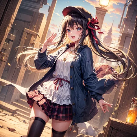 Red Blue Gold Hair、Golden Eyes、Braid、One good looking girl、solo、anime、Checkered mini skirt、Ruffles on the skirt、camisole、cardigan、Black knee-high socks、Wearing a baseball cap、Wearing a ribbon、Ribbon on waist、Tilting face、Teeth are visible、Sunset sky、Pierci...