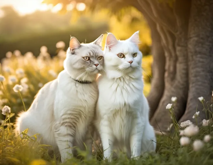 Friendship between a Dog and a Cat: "Illustrate a brown Labrador dog and a white Persian cat sitting under a large tree, hugging each other. They look very happy and peaceful, with a beautiful garden of flowers in the background under the afternoon sun. Th...