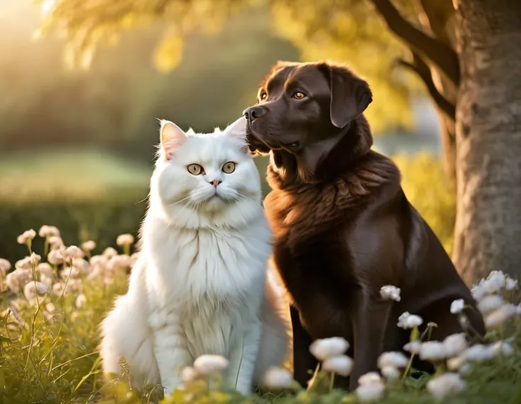 Friendship between a Dog and a Cat: "Illustrate a brown Labrador dog and a white Persian cat sitting under a large tree, hugging each other. They look very happy and peaceful, with a beautiful garden of flowers in the background under the afternoon sun. Th...