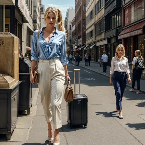 A blonde woman in her 30s with blue eyes is posing in the middle of a bustling city street during the day, as if she is in the midst of a photo shoot. She has her hair neatly tied up in a ponytail and is wearing a stylish, elegant outfit such as a pastel-c...