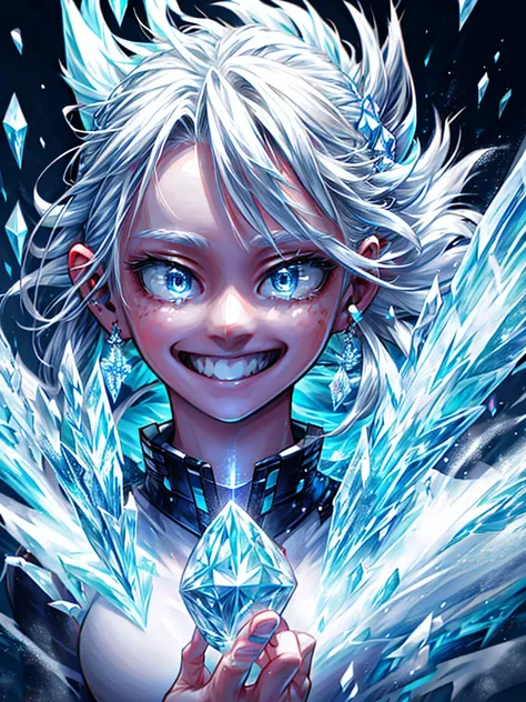 One beautiful girl、Thin eyebrows、cute、White skin、A benevolent smile、Mouth closed、Gray Hair、Blue eyes that shine like jewels、highest quality、masterpiece、Ice and snow personality、Surrounded by ice、crystal