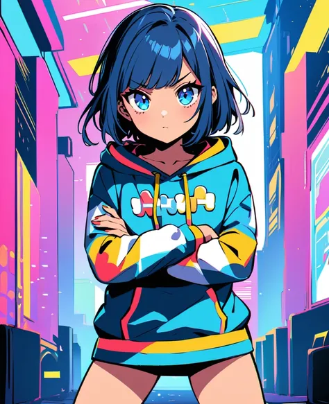 popart style,(best quality, masterpiece, ultra high-resolution, ultra-detailed: 1.2), Unique girl,(stand with open stance:1.1), (crossed arms:1),
,paw pattern hoodie,Confident,Euphoria,BREAK,(MIA:16yo,detailed face,(darkblue hair-color,wavy-short hair),par...