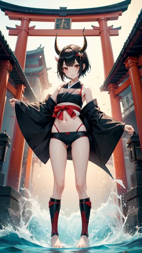 Black short-haired girl with doll head and flat chest，Demon horn，kimono，swimming briefs，Bare Legs，Kneepads，barefoot，Standing，On the torii gate