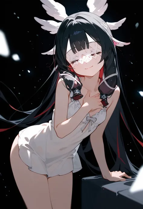 (score_9, score_8_up, score_7_up), source anime, 1girl, columbina, black hair, multicoloured hair, eye mask, head wings, white chemise dress, short dress, small breasts, hand over chest, leaning forward, thighs, petit, closed eyes, smile, closed mouth, hea...