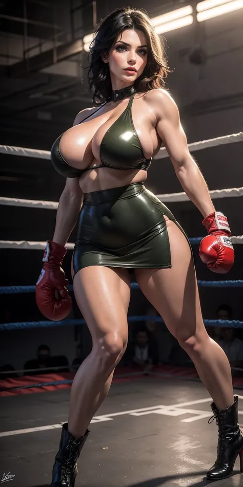 (best quality,highres:1.2),(ultra-detailed),(realistic:1.37),(HDR,UHD),(physically-based rendering), (Curvy topless Israeli Denise Milani), ((topless, exposed chest)), ((wearing an olive green leather boxing skirt)), ((short stiletto-heeled combat boots)),...