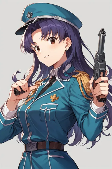 anime girl in uniform holding a gun and pointing it at the camera, officer, kantai collection style, fubuki, blue uniform, a-1 p...