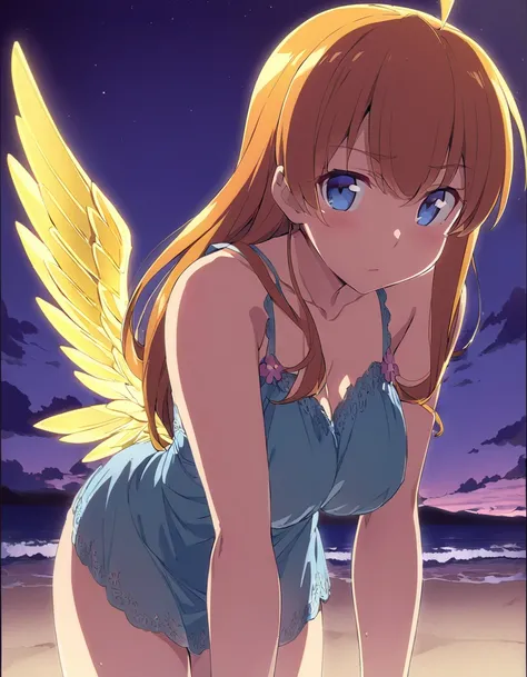 Golden-winged angel wearing a negligee　Orange Hair　Blue Eyes　Sandy Beach　anime　Big Breasts

