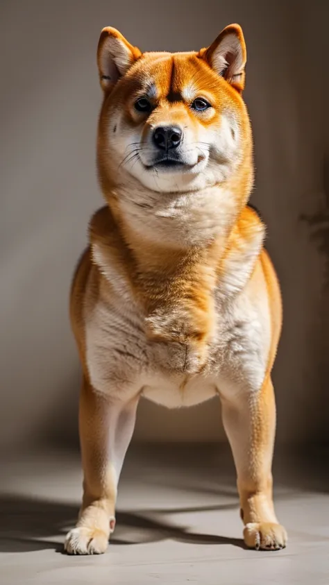 The only character is a Shiba Inu.、The body is fat、Shiba Inu、The posture is like begging.,
Posture is standing、Posture is upright、The camera is taken from a little distance.、The face is facing forward、The body is fat、
