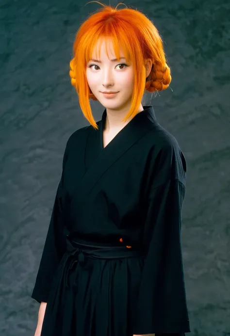 A Ghiblis studio character. With very orange hair and dark  traditional clothes.