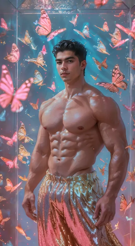 (8K, RAW photos, Highest quality) masterpiece, 1 boy, 18 years old, Asian muscular man Look at the viewer, standing forward, showing his big muscular breasts, puffy nipples, sexy six pack, narrow waist, Handsome, Topless  , Thick body hair, man naked lower...