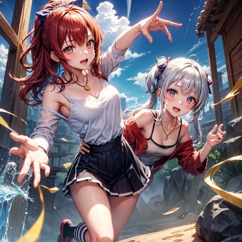 Red Blue Gold Hair、Golden Eyes、Braid、One good looking girl、solo、anime、Checkered mini skirt、Ruffles on the skirt、camisole、cardigan、Black knee-high socks、Wearing a baseball cap、Wearing a ribbon、Ribbon on waist、Tilting face、Teeth are visible、Sunset sky、Pierci...