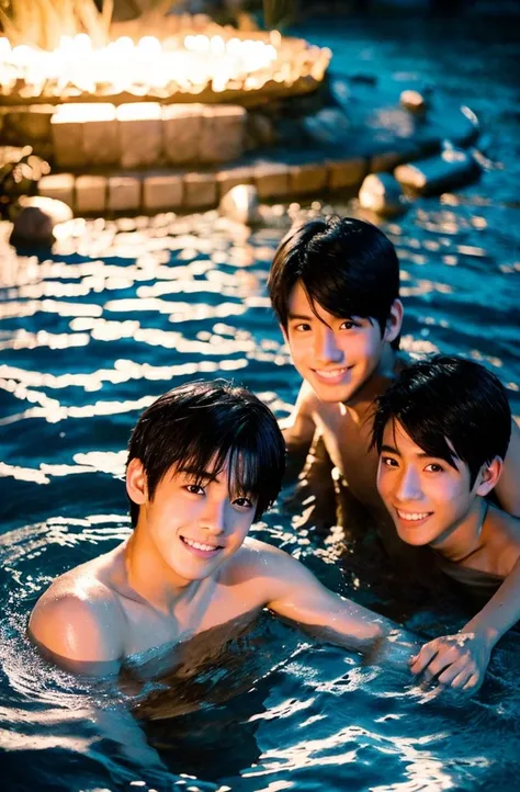 Beautiful boy、Handsome、18-year-old、Japan boys、Black Hair、night、hot spring、Thin、Cute Boys、sit、、In the water、