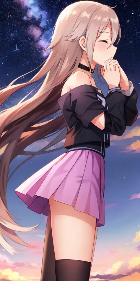 one girl, IA, Aria on the Planetes, off shoulder, black shirt, short skirt, choker, from side, starry sky, look at the sky, pray for stars, close eyes, praying hands, long hair