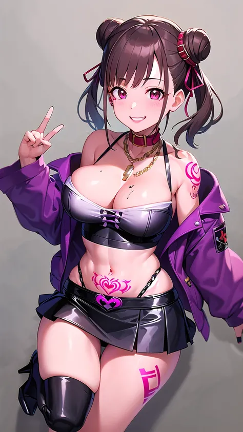 masterpiece, highest quality, High resolution, Chiyoko, Hair Bun、Double good, Twin tails, Hair Ribbon, collar, Chain Necklaces, Expose your shoulders, Cleavage, Off the shoulder, Pink jacket, Open jacket, abdomen, belt, Black Skirt, alley, Contact us, Talk...