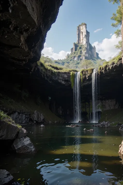 A swamp that has a cave and a portal in front of the river