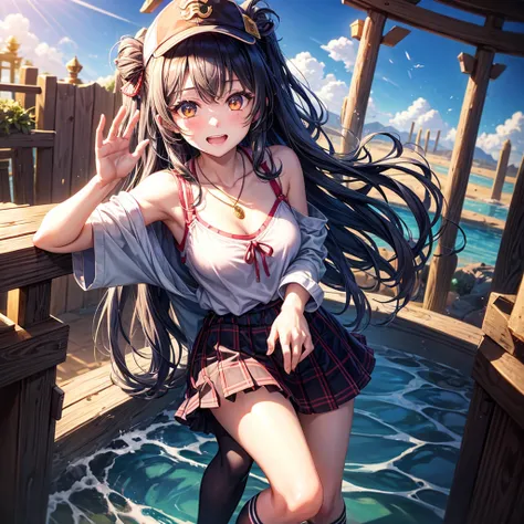 Red Blue Gold Hair、Golden Eyes、Braid、One good looking girl、solo、anime、Checkered mini skirt、Ruffles on the skirt、camisole、cardigan、Black knee-high socks、Wearing a baseball cap、Wearing a ribbon、Ribbon on waist、Tilting face、Teeth are visible、Sunset sky、Pierci...