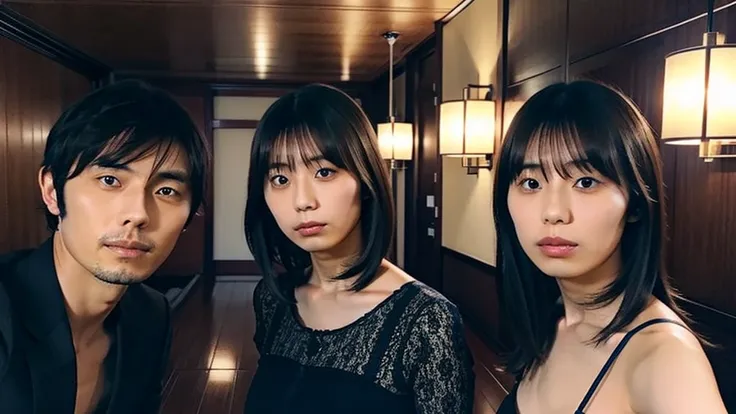 Kikuchi takes a selfie of herself and a Japanese man with long bangs, A luxury hotel room, Dark Room, Room lighting