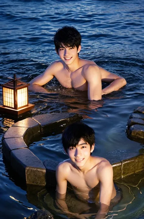 Beautiful boy、Handsome、18-year-old、Japan boys、Black Hair、night、hot spring、Thin、Cute Boys、sit、、In the water、