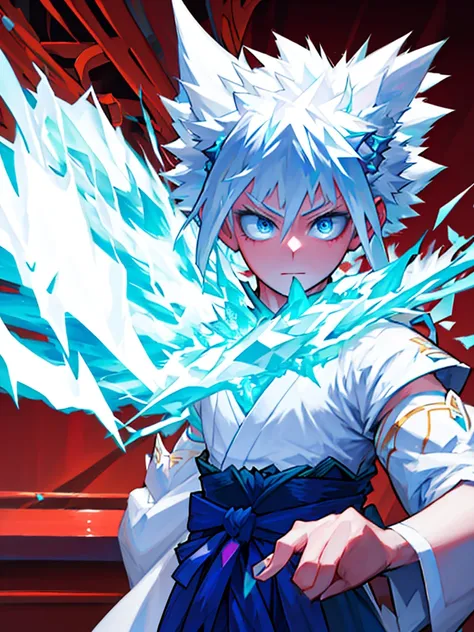 One beautiful girl、cute、Upper Body、Close your mouth、White skin、Crystal blue hair、Blue eyes that shine like jewels、beautiful、long hair、Hakama、highest quality、masterpiece、View Viewer、A photo with Katsuki Bakugo